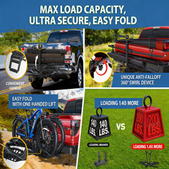 200LB Aluminum 2'' Hitch E-Bike Rack Anti-Wobble Fold Tilt for 5'' Fat Tire SUV Truck RV