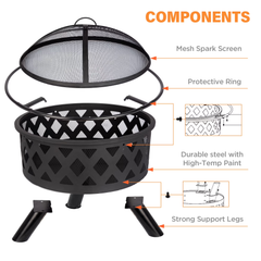Red Mountain Valley 30-inch Steel Fire Pit with Spark Screen & Poker for Outdoor Patio & Garden
